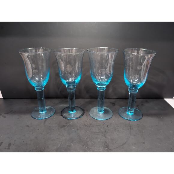 Hand Blown Sky Blue Wine Glasses, Long Stem, Vintage Set of 4, Heavy Glassware - Picture 2 of 9